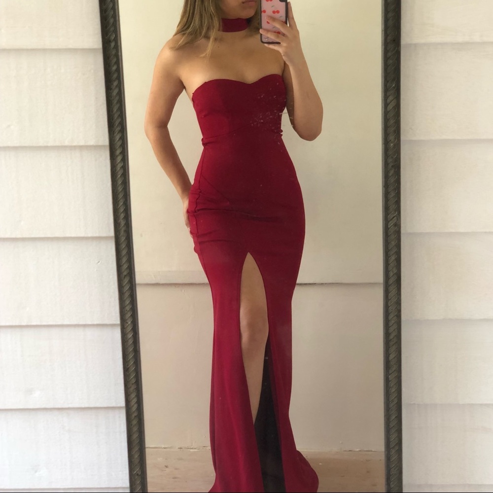 NEW Wine Red Slit Choker Prom Dress